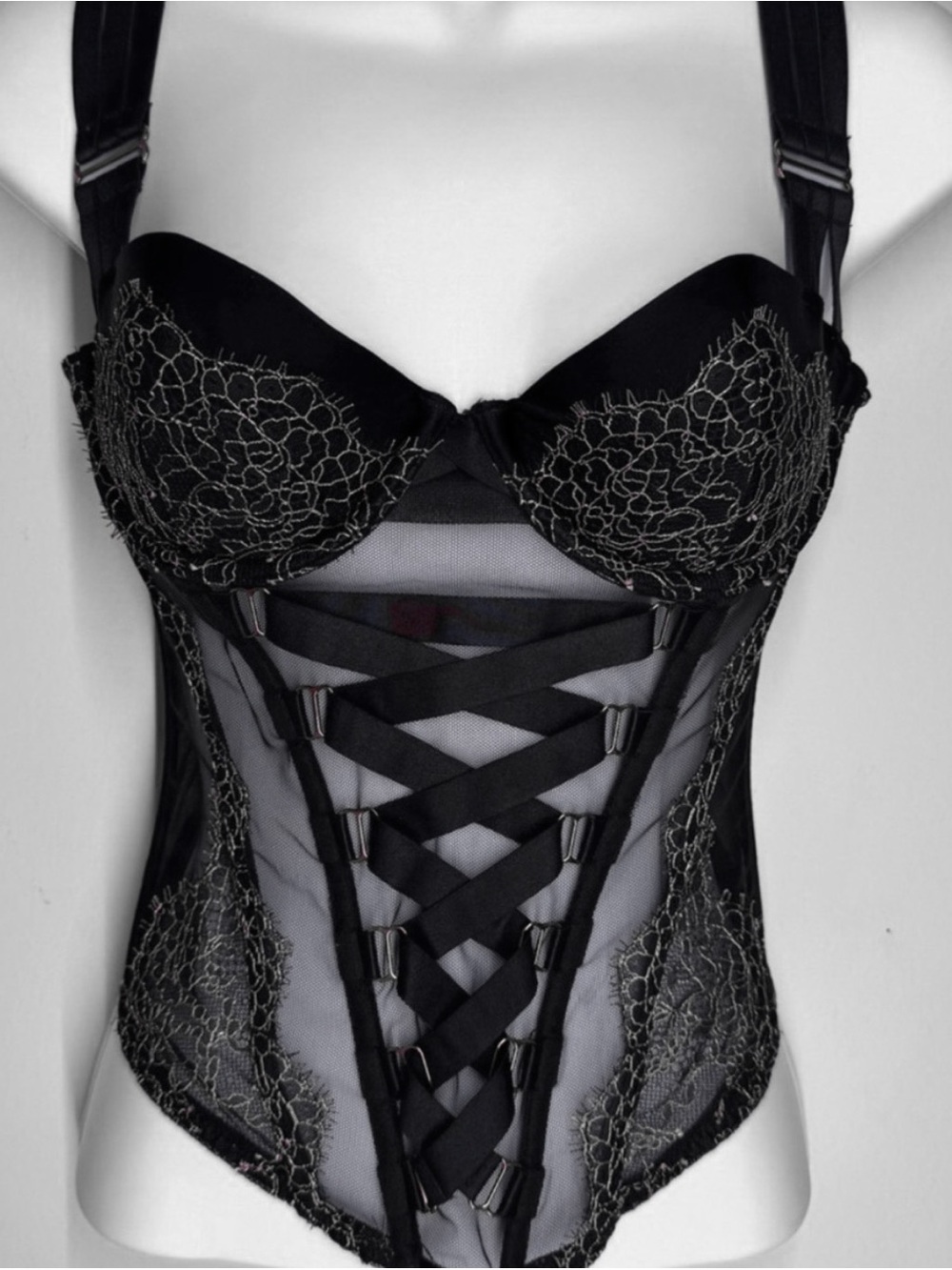 Victoria’s Secret Black Lace Mesh Corset Bustier 34B